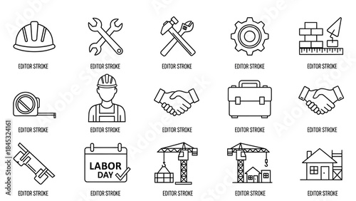 Vector line icon set showcasing key elements of the construction industry, labor workforce, building tools, and safety equipment, suitable for modern graphic design