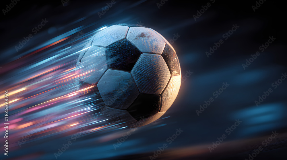 Fototapeta premium Soccer ball in motion with colorful light streaks on dark blue background sport speed 2025 football world cup 2026 download