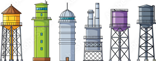 Cartoon-style utility and industrial towers with varied designs and colors, ideal for educational, architectural, and infrastructure illustrations.