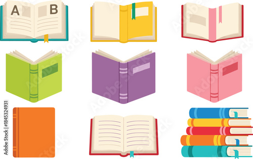 Colorful cartoon book set with open, closed, and stacked styles, ideal for educational, literary, and organizational design themes.