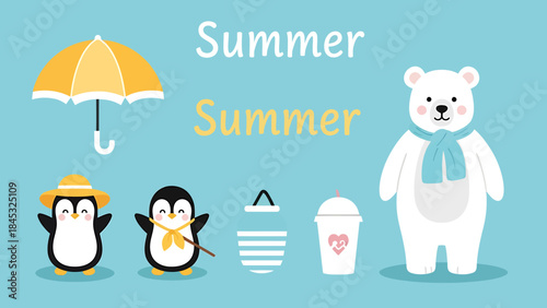 Cute Summer Characters Including Penguins and a Polar Bear with an Umbrella and a Drink for a Cheerful Illustration