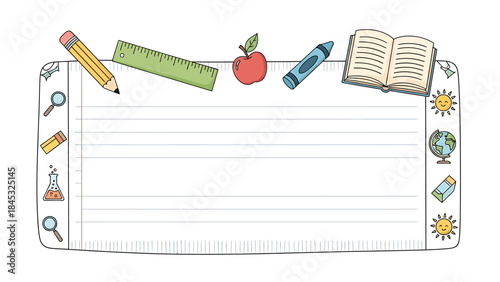 Blank Lined Paper with School Supplies Border - Perfect for Educational Materials and Creative Projects