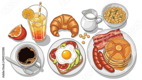 Delicious vector illustration of a diverse breakfast spread pancakes, bacon, sausages, avocado toast, fried egg, croissant, cereal, coffee, orange juice