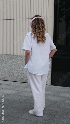 A woman wearing white pants and a white shirt is wearing headphones. She is smiling. The background is a brick wall