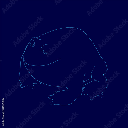 A fat frog contour in a thick blue line drawing sits isolated on a solid dark blue background.