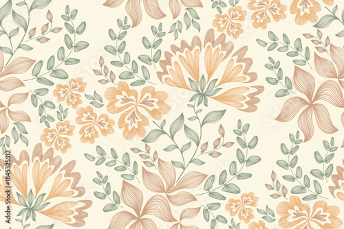 Vintage boho Floral pattern seamless watercolour style paisley embroidery with Sunflower ditsy motifs. Traditional flower Ikat pattern seamless vector illustration design