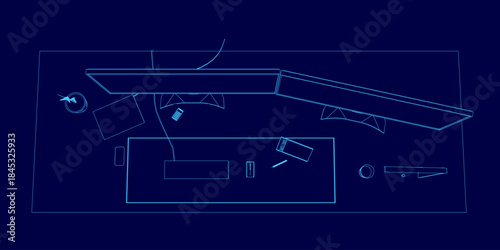 A minimalist home office blueprint with a desk and chair contour. The desk setup includes a laptop, coffee cup, notebook, and pen arranged neatly on a neutral background.