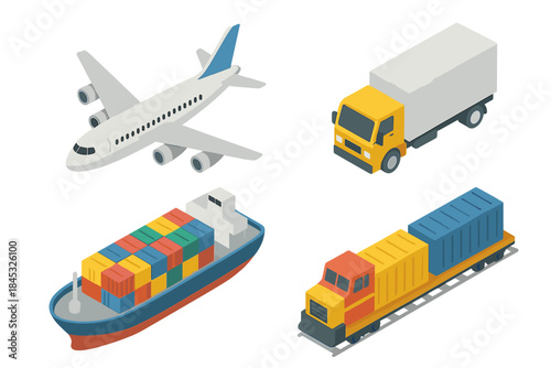 Isometric icons showing worldwide cargo delivery, commercial transportation, and global logistics