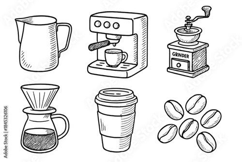 Collection of coffee preparation items: espresso machine, manual grinder, and pour-over setup