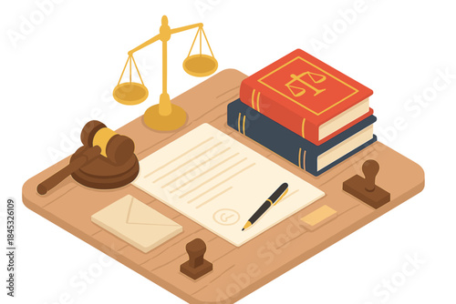 Isometric legal documents, judge's gavel, scales of justice, and law books on wooden desk