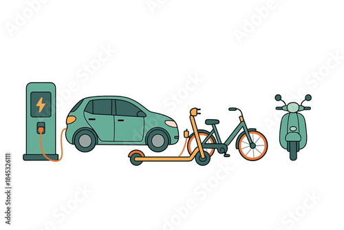 Electric vehicle charging station with various modern eco-friendly transport modes