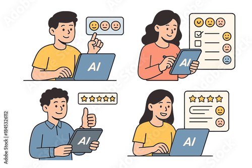 People giving customer satisfaction feedback and service ratings on digital devices