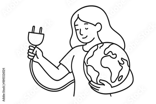 Woman holding Earth and electrical plug symbolizing global energy conservation