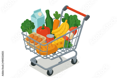 Isometric view of a metal shopping cart overflowing with fresh produce and essential grocery items