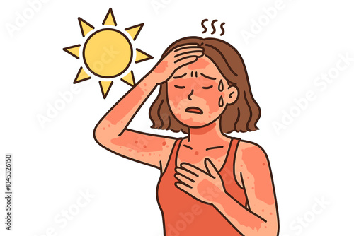 Young woman suffering severe sunburn and heat rash under intense summer sun exposure