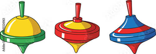 Colorful cartoon spinning tops set showcasing playful toy designs with striped patterns and vibrant recreational style