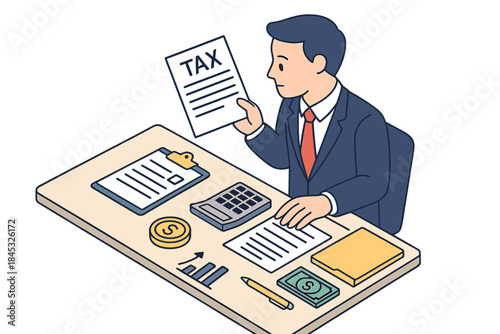Businessman reviewing financial documents and tax data with calculator and money