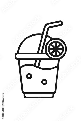 Refreshing cold drink in disposable cup with straw and citrus garnish