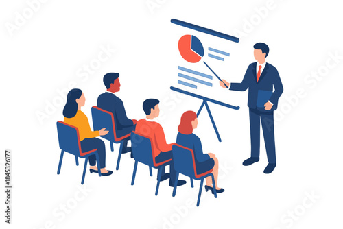 Business presentation meeting with speaker pointing at chart on whiteboard to small audience in isometric view