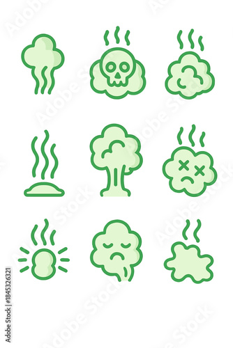 Set of toxic fumes, bad odor, and pollution symbols including skull, danger, and explosion signs