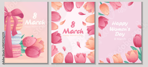 A set of templates for creating greeting cards for Women's Day. March 8th. Delicious French macaroons, tulips. Vector illustration for the design of a postcard, invitation card, poster, banner