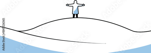 Person standing alone on snowy hill with arms outstretched in freedom