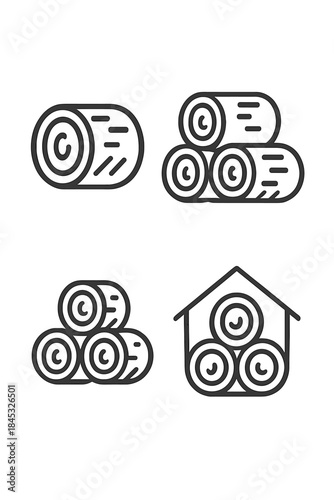 Outline icons depicting stacked logs and firewood storage in a wooden shed