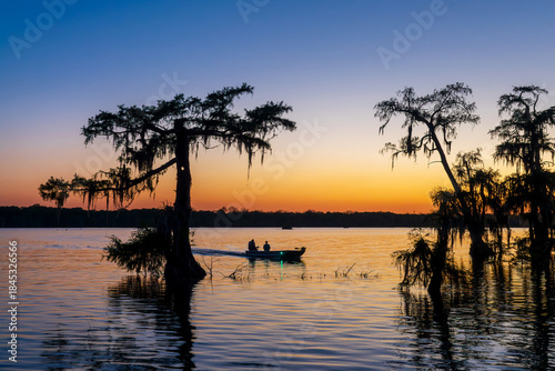 Cuadro en lienzo Fishing boat at Lake Martin at sunset, Cypress Island Preserve, Cypress swamp sc