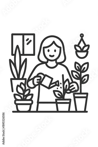 Person caring for indoor houseplants with a watering can near a window in a cozy home