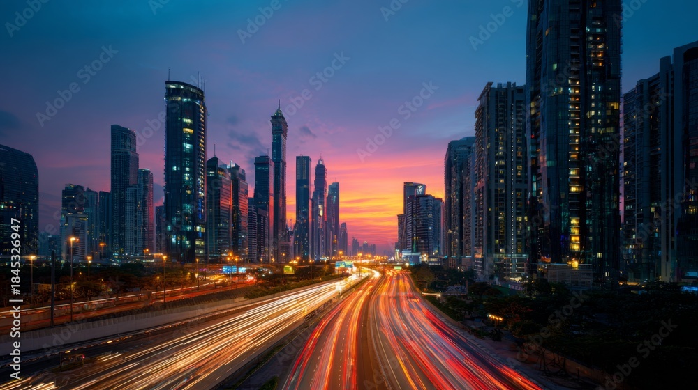 Fototapeta premium Vibrant City Skyline at Dusk with Illuminated Buildings and Dynamic Traffic Trails Captured in a Stunning Urban Landscape