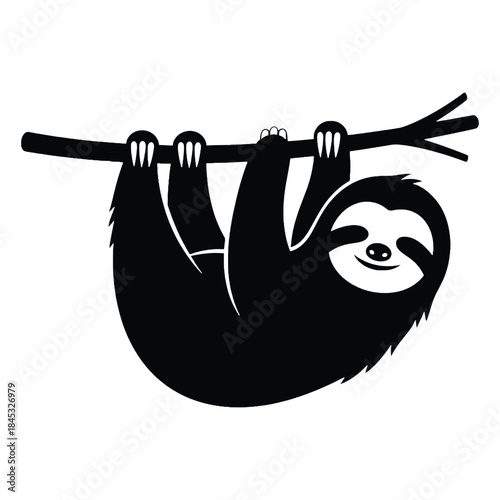 A charming black and white illustration of a sloth hanging from a branch