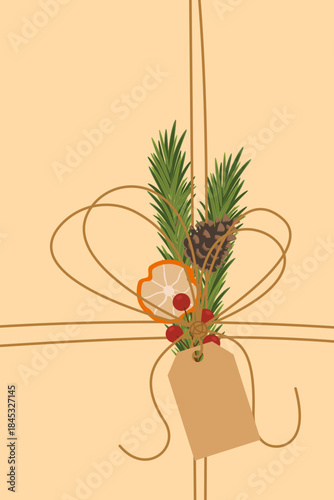 Christmas gift wrap illustration with ribbon bow, pine branches, pinecone, dried orange slice, red berries, and blank tag on beige background