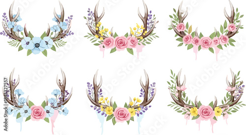 Decorative floral antler frame set featuring pastel flowers and foliage in rustic cartoon style for seasonal and elegant design