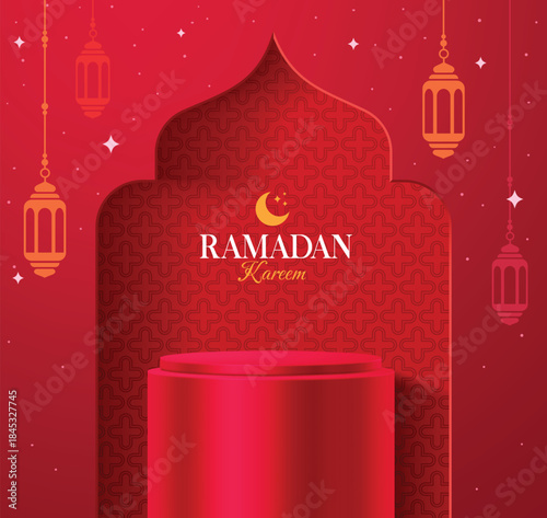 3D podium template for Ramadan Kareem and Islamic holidays. Features a red cylinder pedestal in front of a mosque arch backdrop with traditional patterns, crescent moon, and hanging lanterns.
