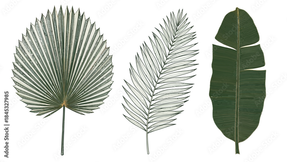 Fototapeta premium Sophisticated fine line tropical vector elements with detailed Fan Palm, Areca, and banana leaves