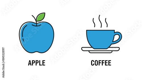 Colorful illustration of apple and coffee icons with steaming cup on saucer