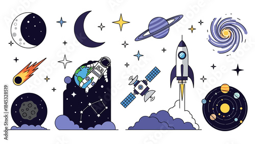 Vibrant collection of cosmic elements featuring rockets, astronauts, planets, stars, and celestial bodies, perfect for diverse space exploration and astronomy-themed designs