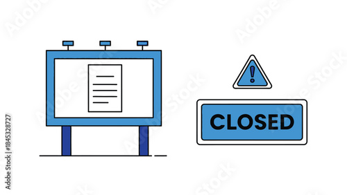 Closed signs and warning symbols on billboards in various colors and designs for business hours indication