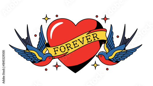 Vibrant tattoo design with heart and swallows on banner