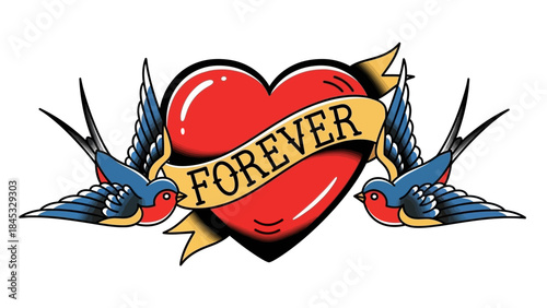 Vibrant tattoo design with heart and birds symbolizing eternal love