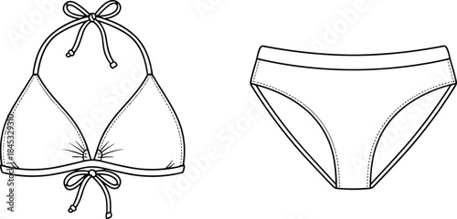 Minimalist women’s bikini swimwear outline vector featuring halter top and classic bottom design for fashion templates, apparel illustrations, and beachwear concepts