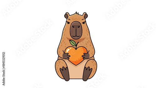 Cute capybara holding heart shaped peach