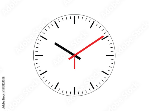 Vector illustration of analog clock with red and black hands on showing time