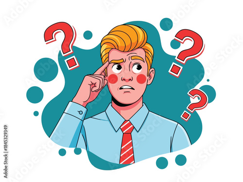 Vector illustration of a cartoon illustration of a man with blond hair looking confused and thoughtful with question marks around him