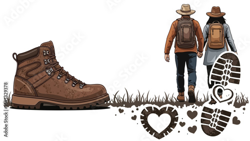 Couple hiking together with love footprints and hiking boot