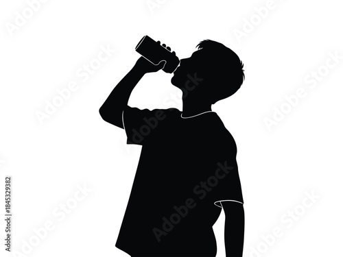 Vector illustration of black silhouette of a boy drinking from a bottle