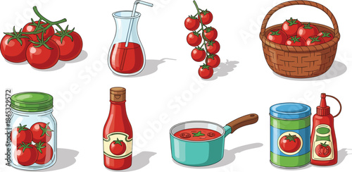 Illustration of Fresh Tomatoes and Processed Tomato Products – Juice, Sauce, Soup, and Canned Goods for Culinary Design Use