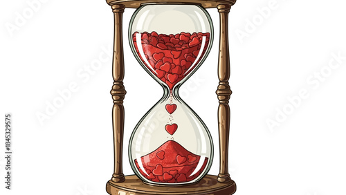 Vintage hourglass with flowing red hearts on white background