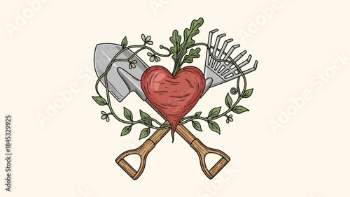Heart shaped beetroot with garden tools and vines