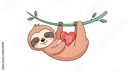Adorable sloth hanging from branch with heart symbolizing slow love